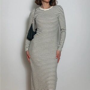 Cream and Black Striped Long Sleeve Midi Dress